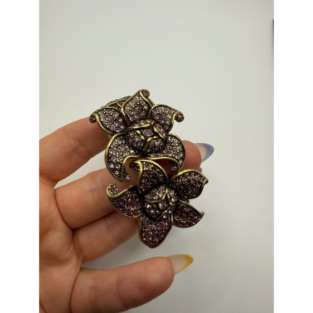 Heidi Daus Purple Crystal Floral Hinged‎ Bangle Bracelet Bronze Tone Statement
